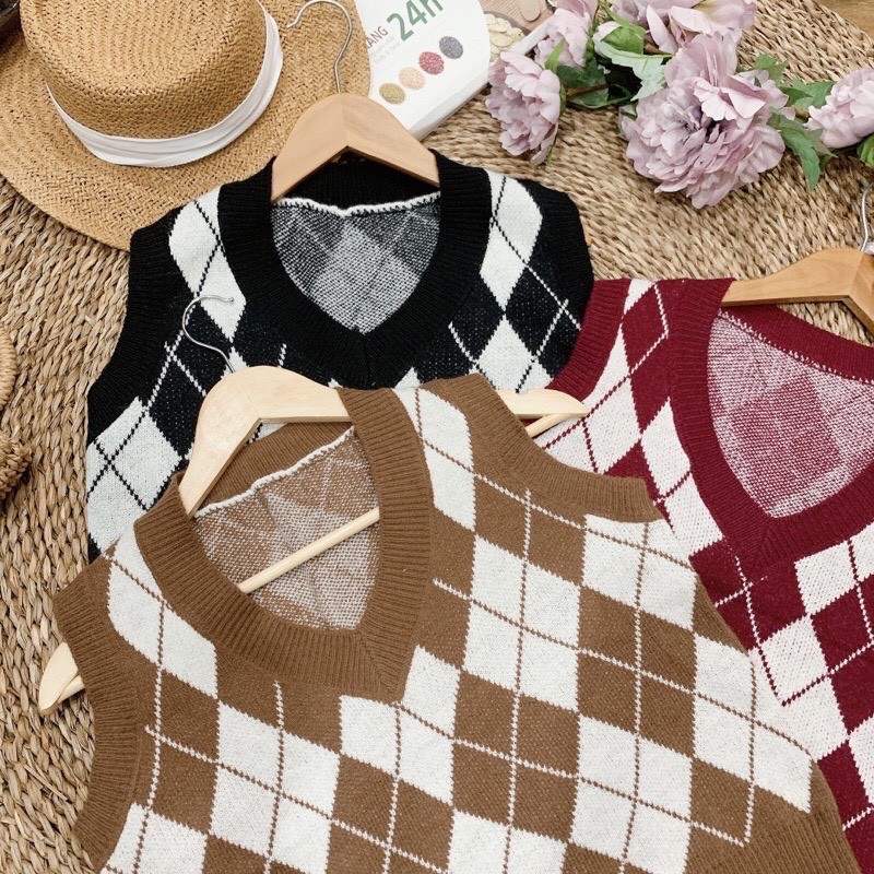 Áo gile len nữ chất dày dặn họa tiết kẻ caro phong cách Ulzzang - 4Basic GL05