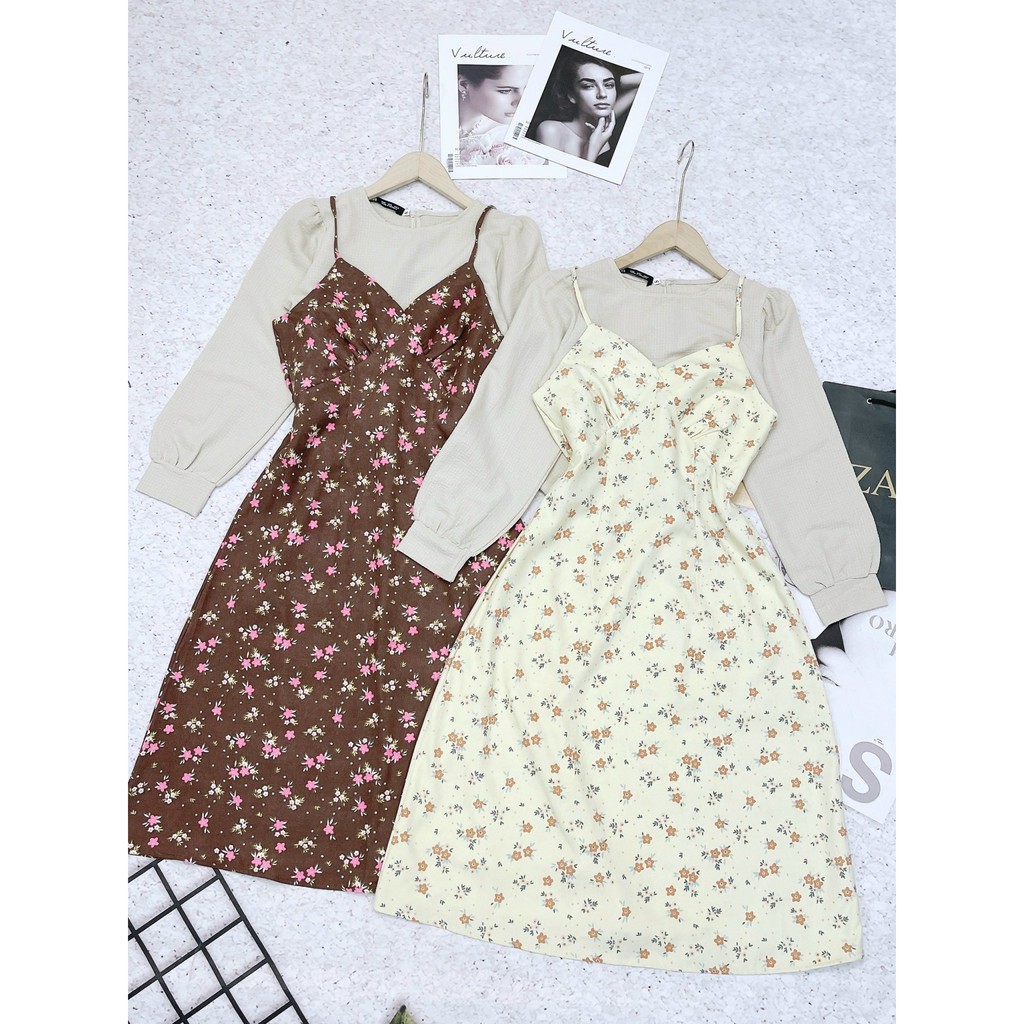 Set váy hoa kèm áo sơ mi tay bồng  chất nhung mềm mịn