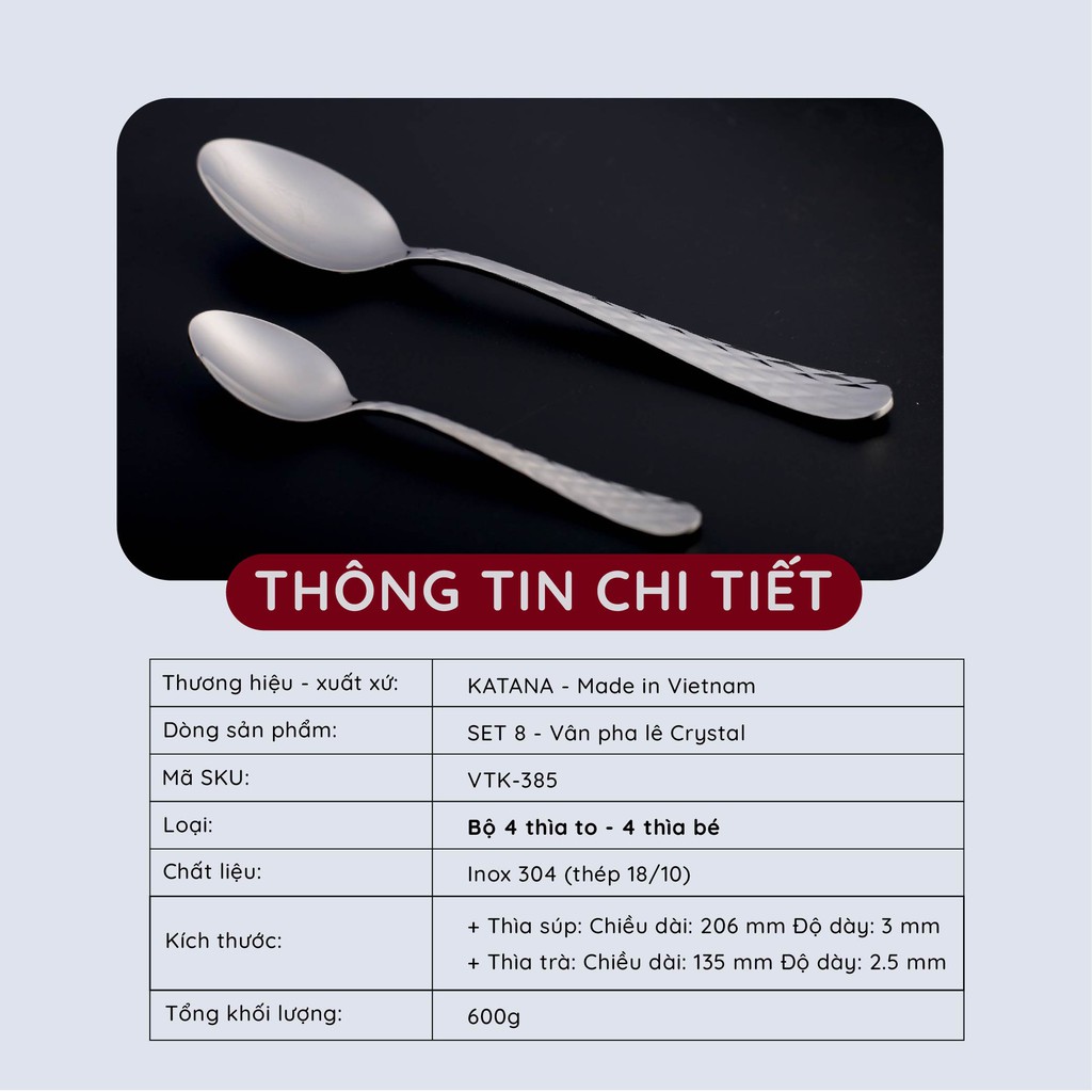 Set 8 món bàn ăn cao cấp inox 304 KATANA (4 thìa súp + 4 thìa trà) - vân trám chống bám vân tay VTK385