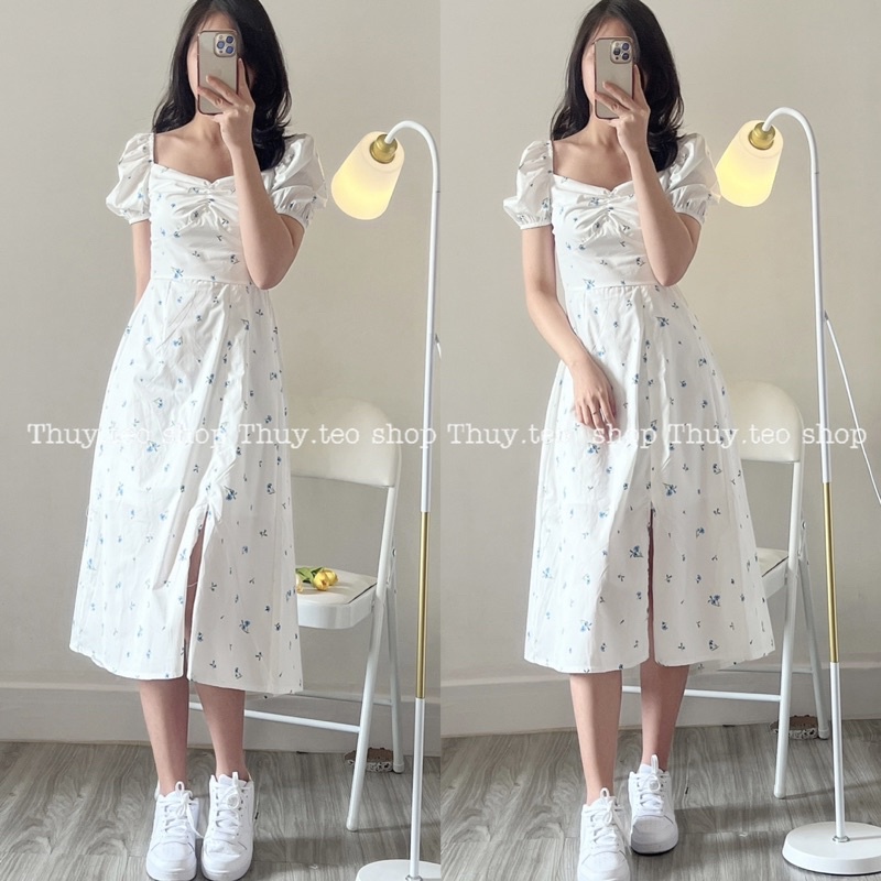 [SALE XẢ] VÁY HOA TRẮNG DÁNG DÀI XẺ ĐÙI CỘC TAY BỒNG