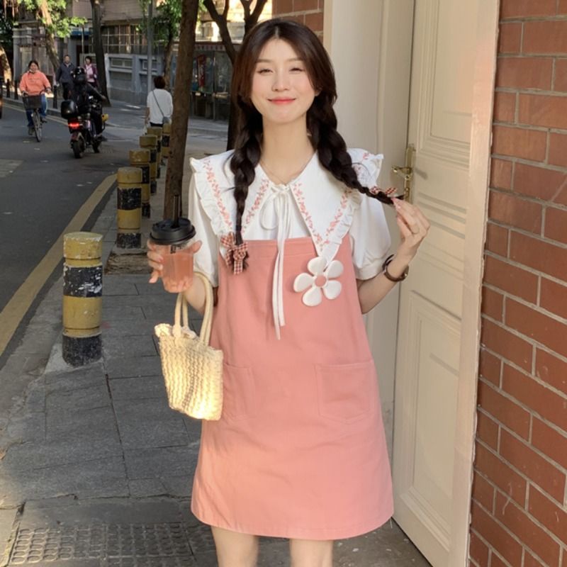 Bộ Áo Sơ Mi Tay Ngắn Cổ Búp Bê Mềm Mại Phối Đầm Yếm Dáng Rộng Kiểu Nhật Bản Dễ Thương Cho Nữ