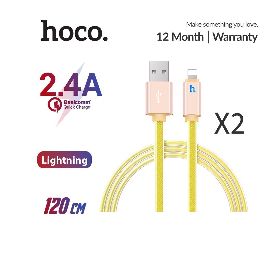 2 dây cáp Hoco Lightning dài 2M dây dù ánh kim bọc nhựa dẻo chống gãy và cực kì bền tương thích Apple