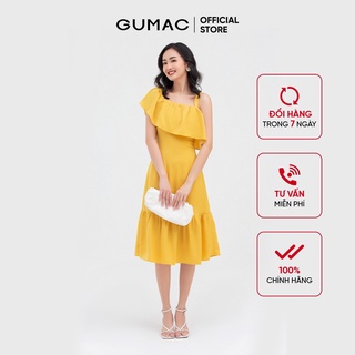 Đầm suông nữ lệch vai bèo tùng GUMAC màu vàng vintage DB844