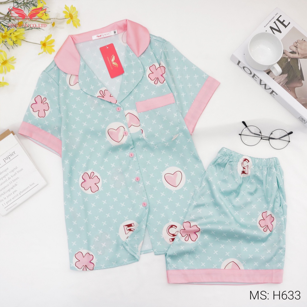 Đồ bộ mặc nhà nữ pijama VINGO lụa Pháp tay ngắn quần đùi mặc ngủ mùa Hè mát họa tiết cỏ 4 lá xanh dễ thương H633 VNGO