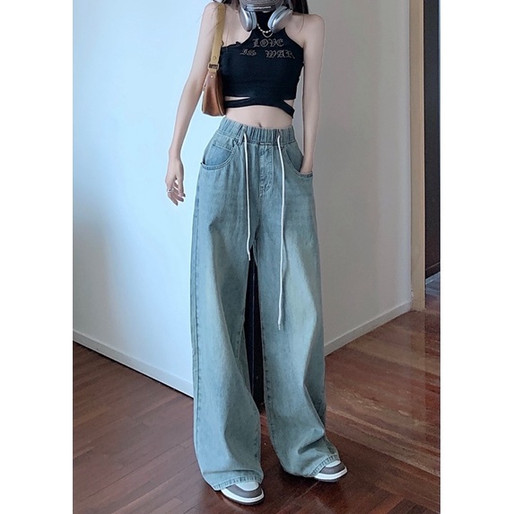 Áo Len Croptop Tay Dài Thêu Chữ + Quần Jean Thắt Dây
