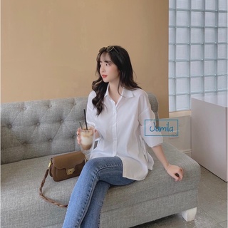 Áo sơ mi Hàn Quốc A.333, áo sơ mi cộc tay cách điệu cổ bèo viền nhún 3 màu cực xinh aosominuhot