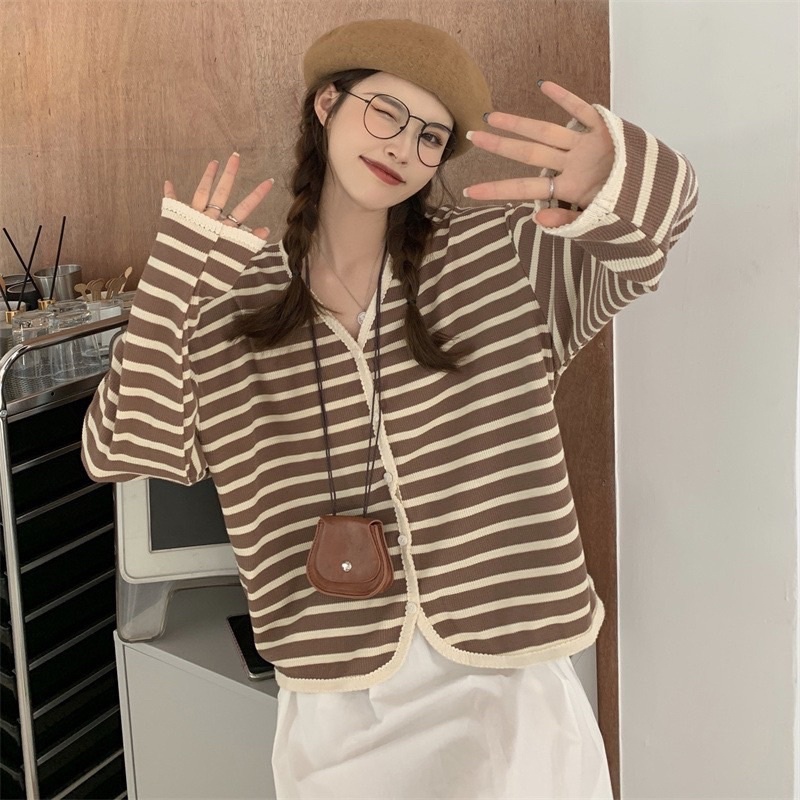 áo khoác cardigan cổ V viền ren dệt kim tay dài họa tiết kẻ sọc thời trang thanh lịch dành cho nữ hàng Quảng châu
