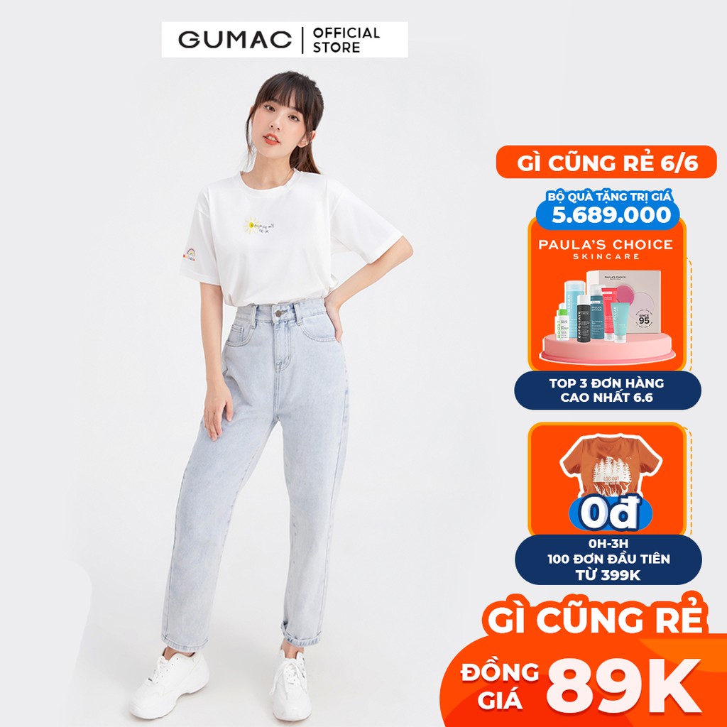 Áo thun nữ basic thêu mặt trời GUMAC ATB684