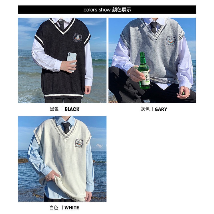 Áo khoác len không tay màu trắng phong cách học sinh thời trang mùa thu dành cho nam