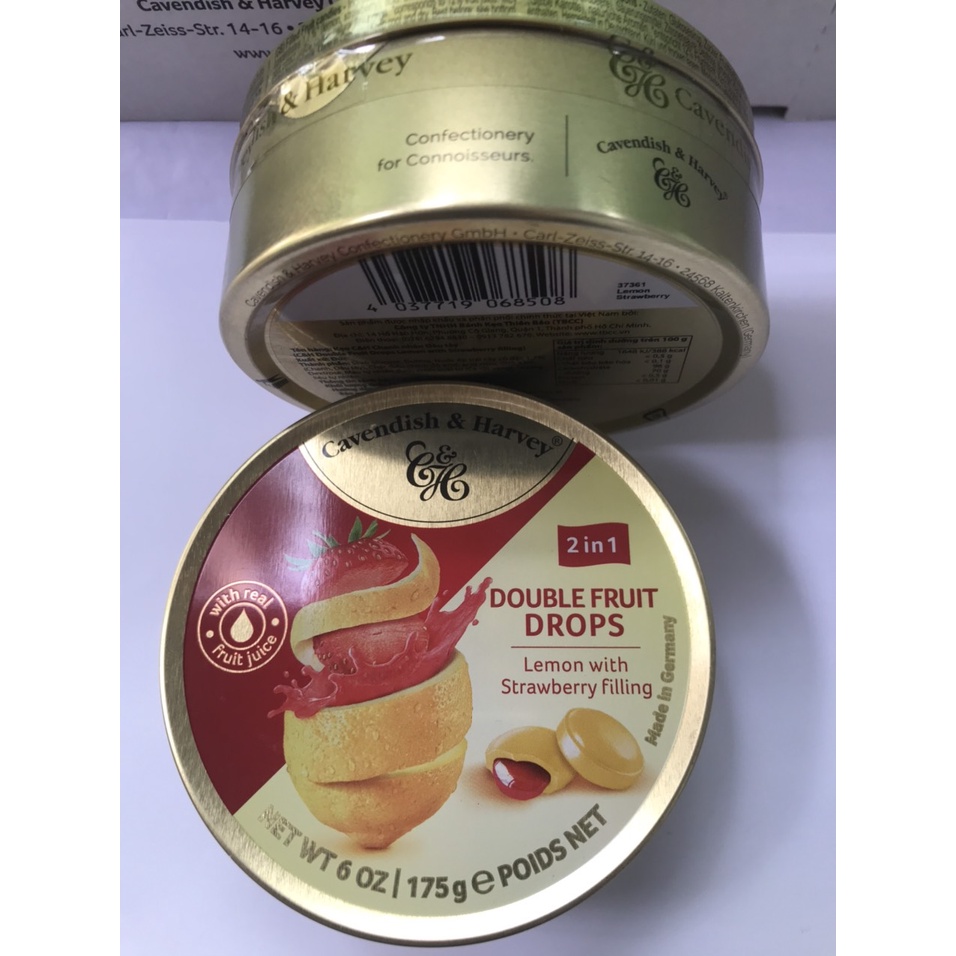 Kẹo Hộp Thiếc Đức Cavendish Harvey Hương Chanh Nhân Dâu Lemon With Strawberry Filling (Hộp 175g)