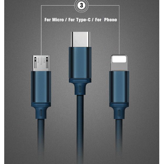 Dây Sạc 3 Đầu Remax RC-131TH Chính Hãng -Cáp Sạc Đa Năng 3 IN 1 Dây Dù chống đứt sạc hầu hết các dòng máy - Bảo hành 12T