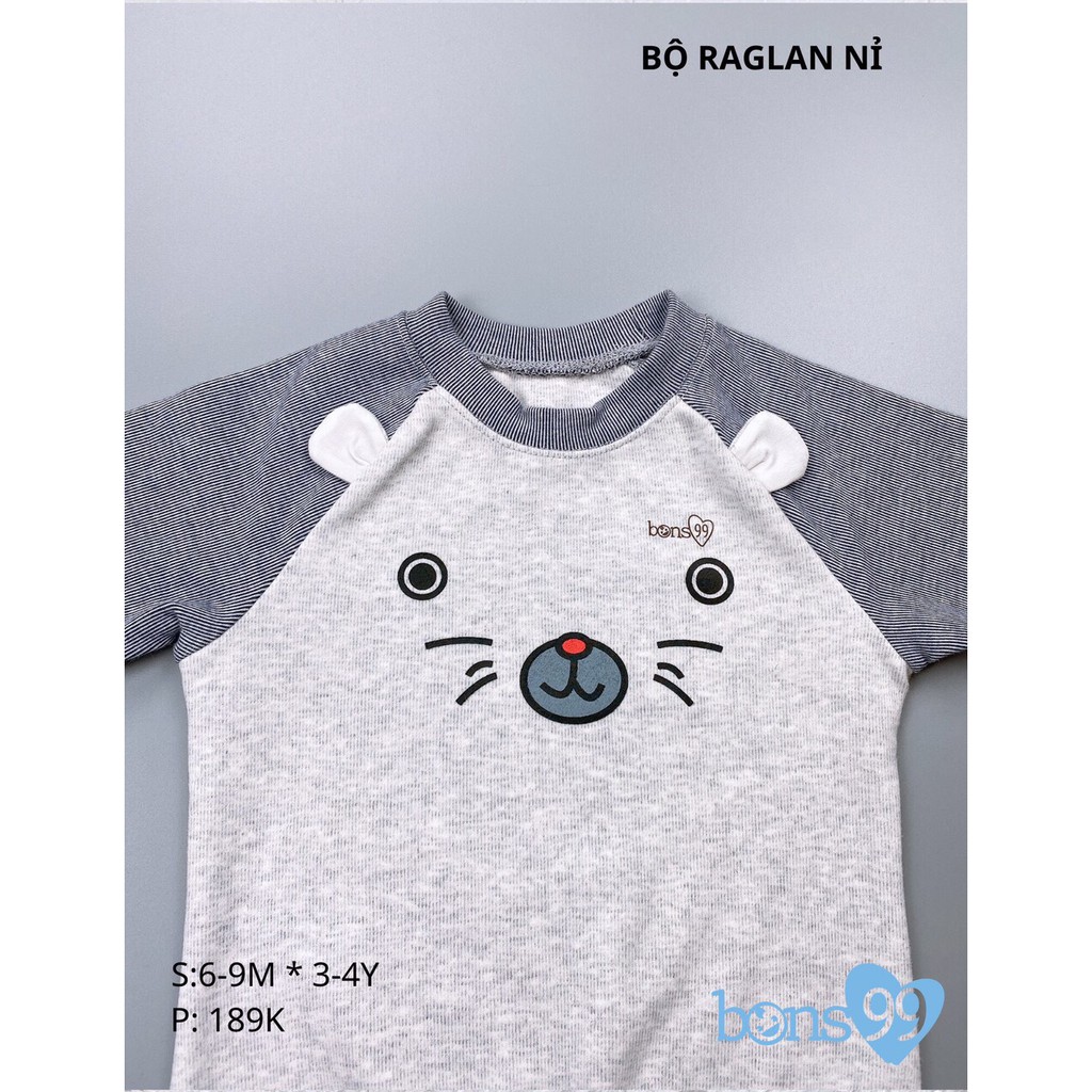 Bons99 Bộ Raglan nỉ thu đông cho bé trai bé gái