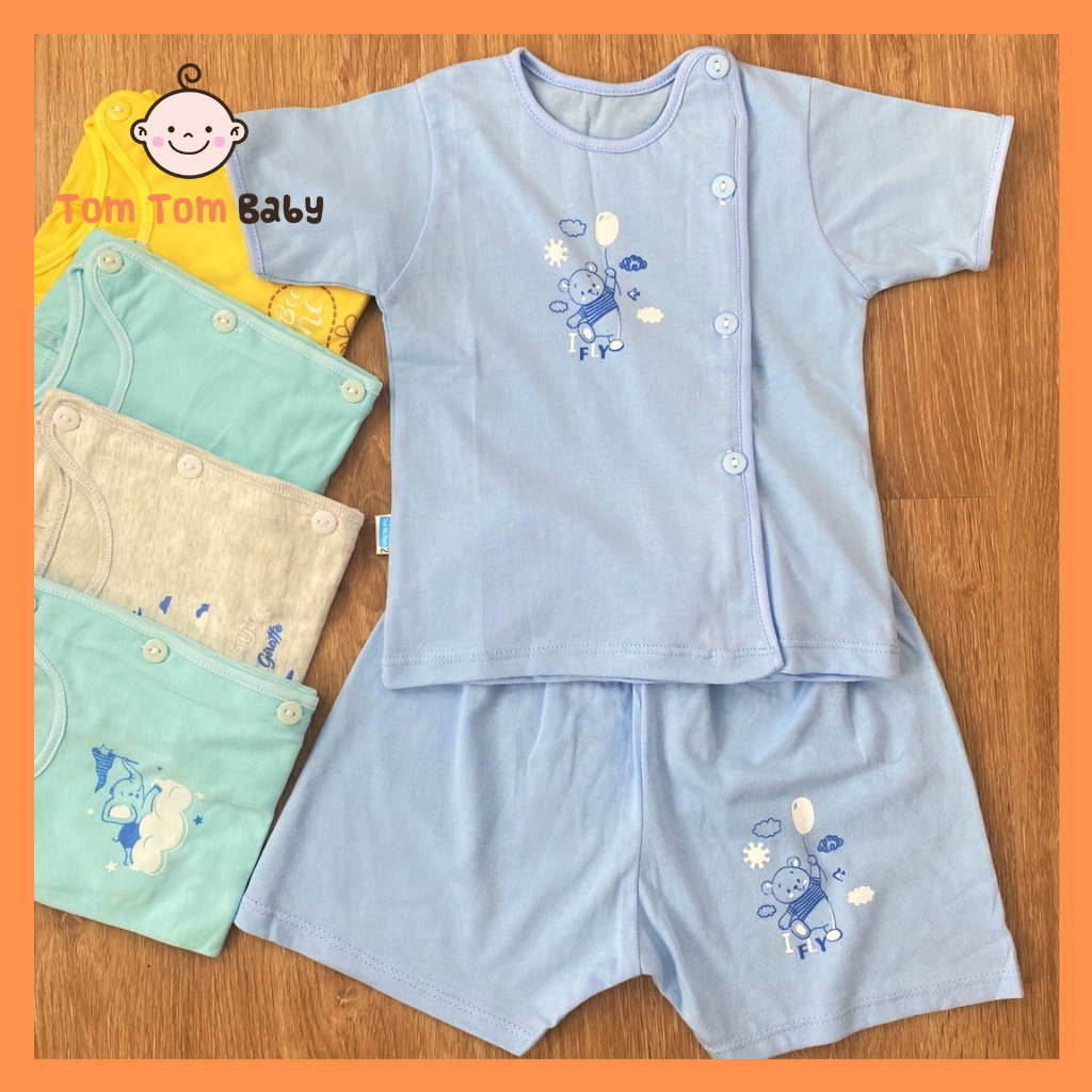 Bộ quần áo sơ sinh cotton Thái Hà Thịnh | Mẫu Tay Ngắn Màu Cài Nút Lêch | Size 1-3 cho bé sơ sinh -9kg