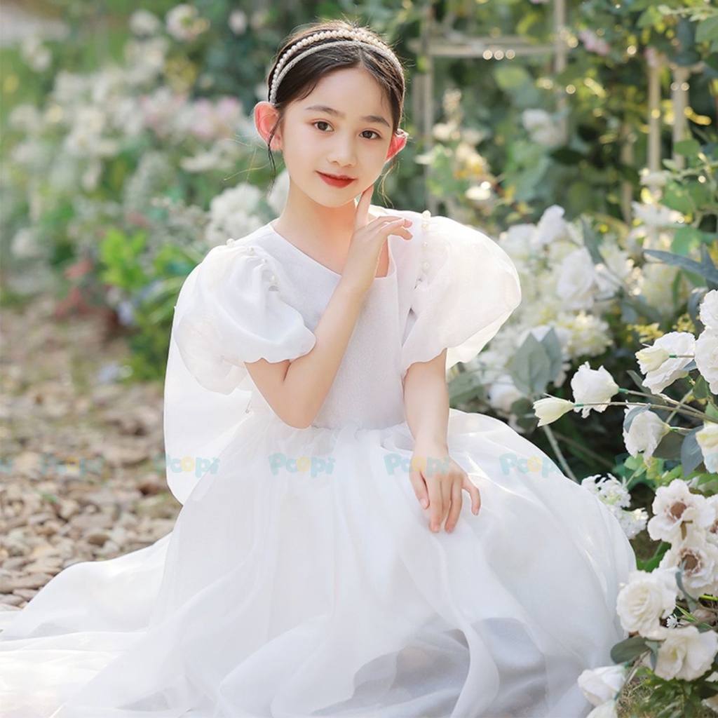 Váy Công Chúa Cho Bé Poopi Dáng Xòe Bồng Màu Trắng Dễ Thương, Đầm Bé Gái Đi Chơi Dự Tiệc Xinh Đẹp