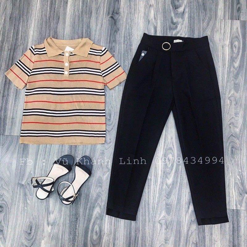 Áo kiểu nữ kẻ sọc kẻ bbr chất len mongtogi màu nâu hàng Quảng Châu 100%