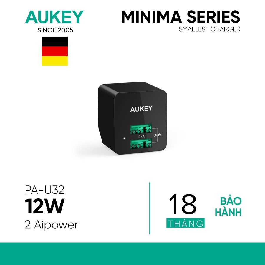 Sạc USB Aukey PA-U32 Đầu Ra 2.4A Công Nghệ AiPower Thông minh - Hàng Chính Hãng