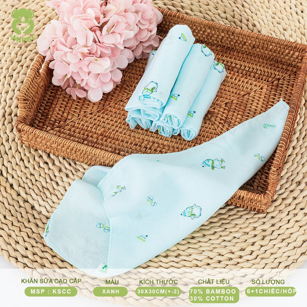 Khăn sữa cao cấp Mipbi 2 lớp 70% sợi tre + 30% cotton mềm mại, kháng khuẩn KSCC (Hộp 6 tặng 1 chiếc)