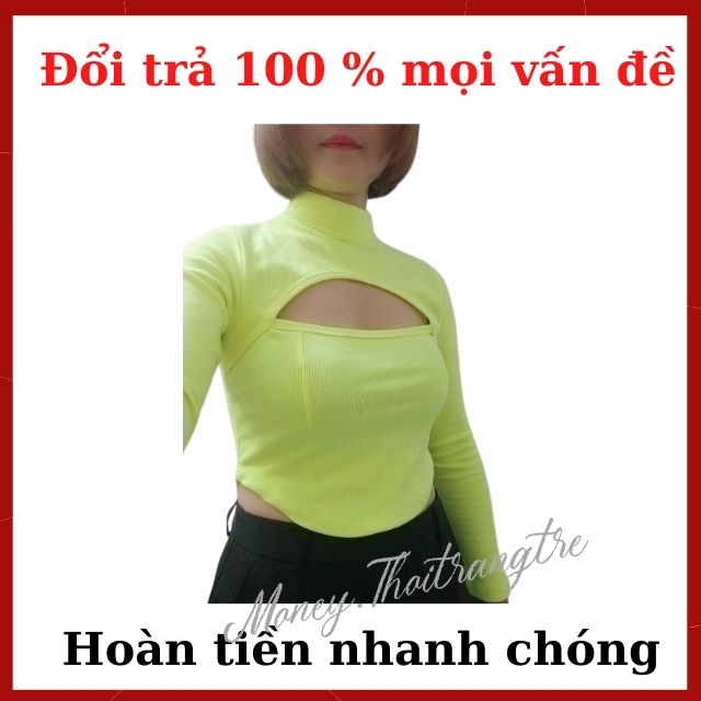 Áo Crop Top Crt Nữ Thun Gân Kiểu Khoét Hở Phần Ngực Sexy Tay Dài Cổ Lọ From Ôm Body Ngắn Ngang Eo, Thời Trang Thể Thao