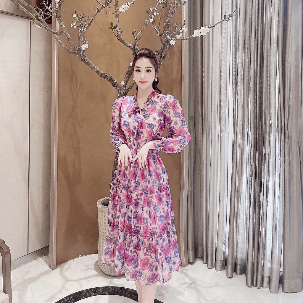 Đầm hoa nơ chất liệu tơ 🔸 HÀNG CAO CẤP 🔸 váy xòe hoa tiết hoa siêu xinh thích hợp đi dạo phố, dự tiệc | BigBuy360 - bigbuy360.vn