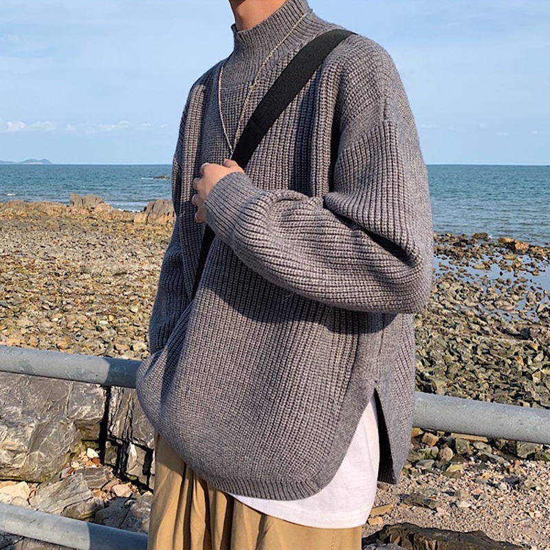 Áo Sweater Dệt Kim Cổ Lọ Dáng Rộng Xẻ Tà Kiểu Âu Mỹ Thời Trang Mùa Đông Cho Nam
