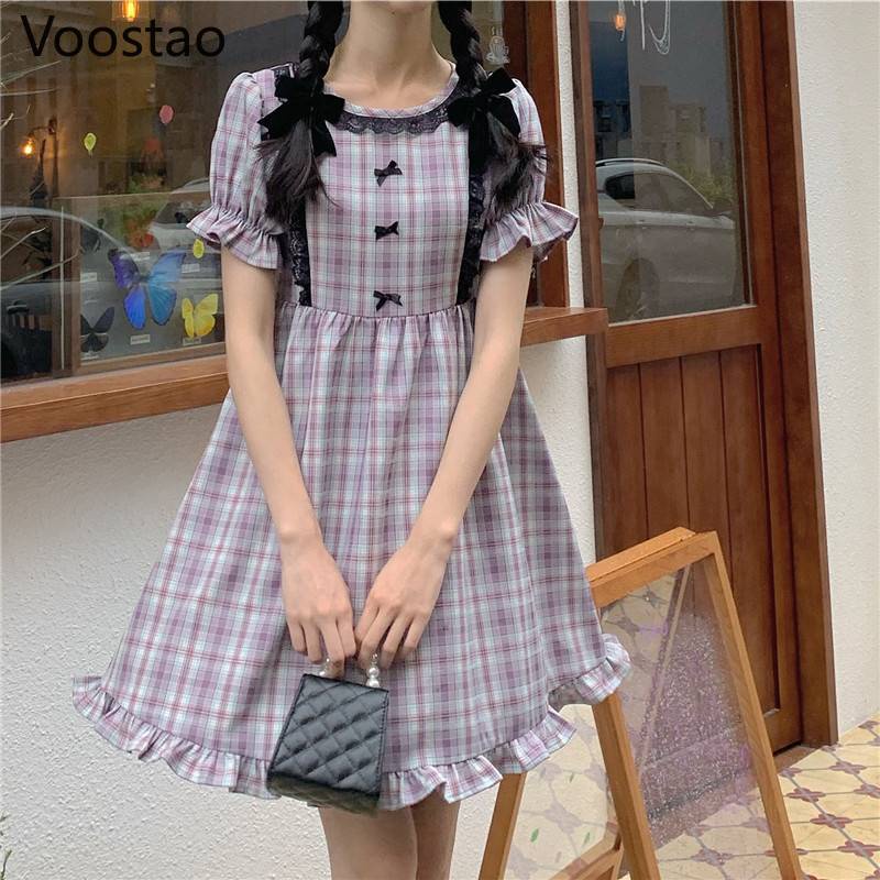 Đầm Tay Phồng Họa Tiết Sọc Caro Phối Ren Màu Tím Ngọt Ngào Dễ Thương Phong Cách Lolita Nhật Bản Cho Nữ