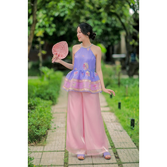 Sumire Store Quần Áo dài organza dây kéo ống rộng Vân Chi - 07 màu