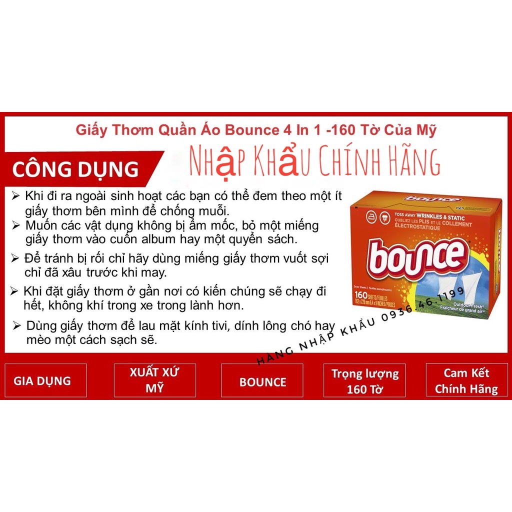 (Chính hãng)(Nguyên hộp 160 tờ)Giấy thơm quần áo Bounce Mỹ  - Làm thơm quần áo và loại bỏ mùi ẩm mốc