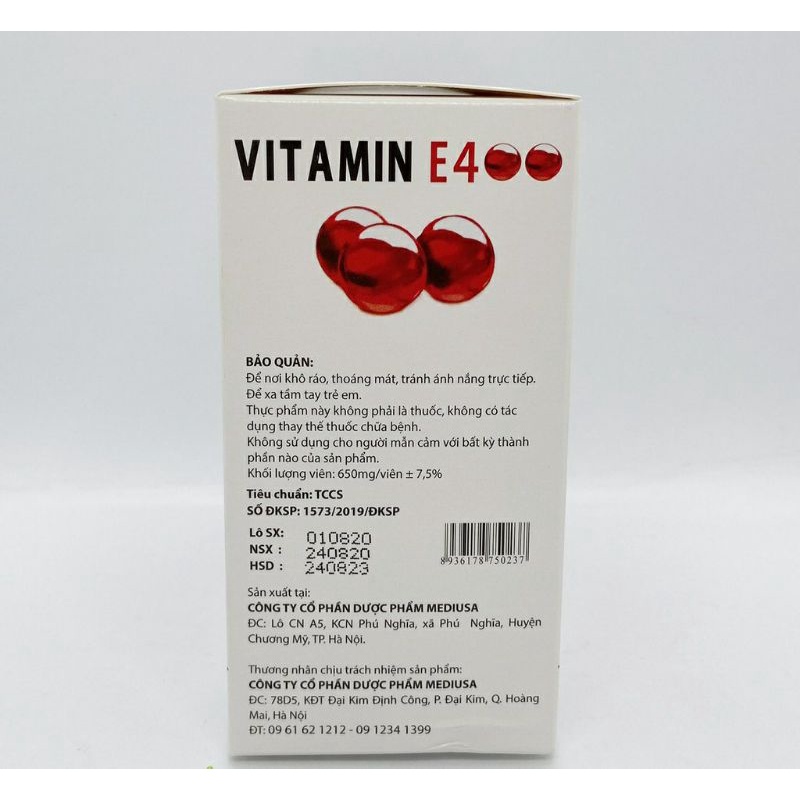 Viên uống đẹp da Vitamin E400 E Đỏ 4000mcg, Aloe vera 500mg - Hộp 100 viên
