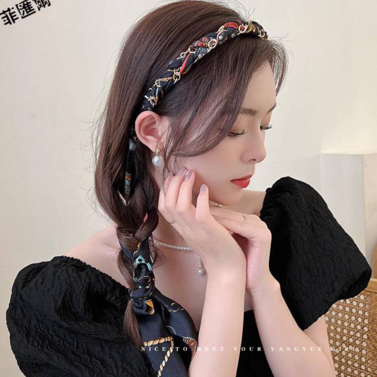 Bờm Cài Tóc Nữ Tết Dây Lụa Hoạ Tiết Siêu Xinh