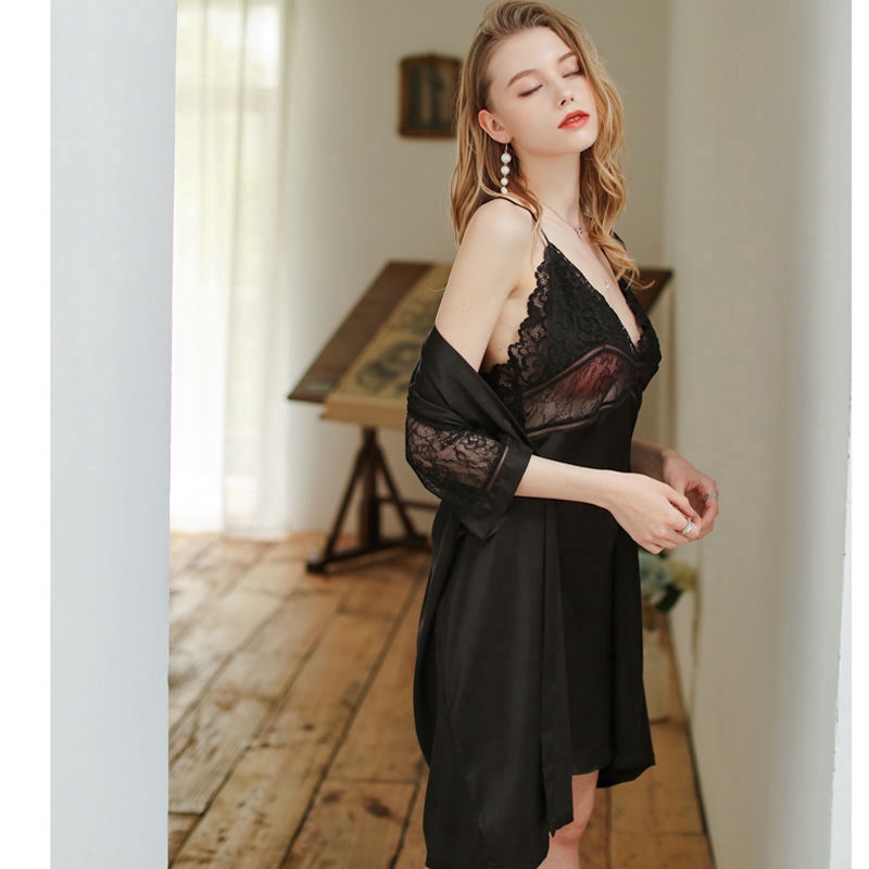 Set Đầm Ngủ Hai Dây Phối Ren Và Áo Choàng Quyến Rũ Cho Nữ