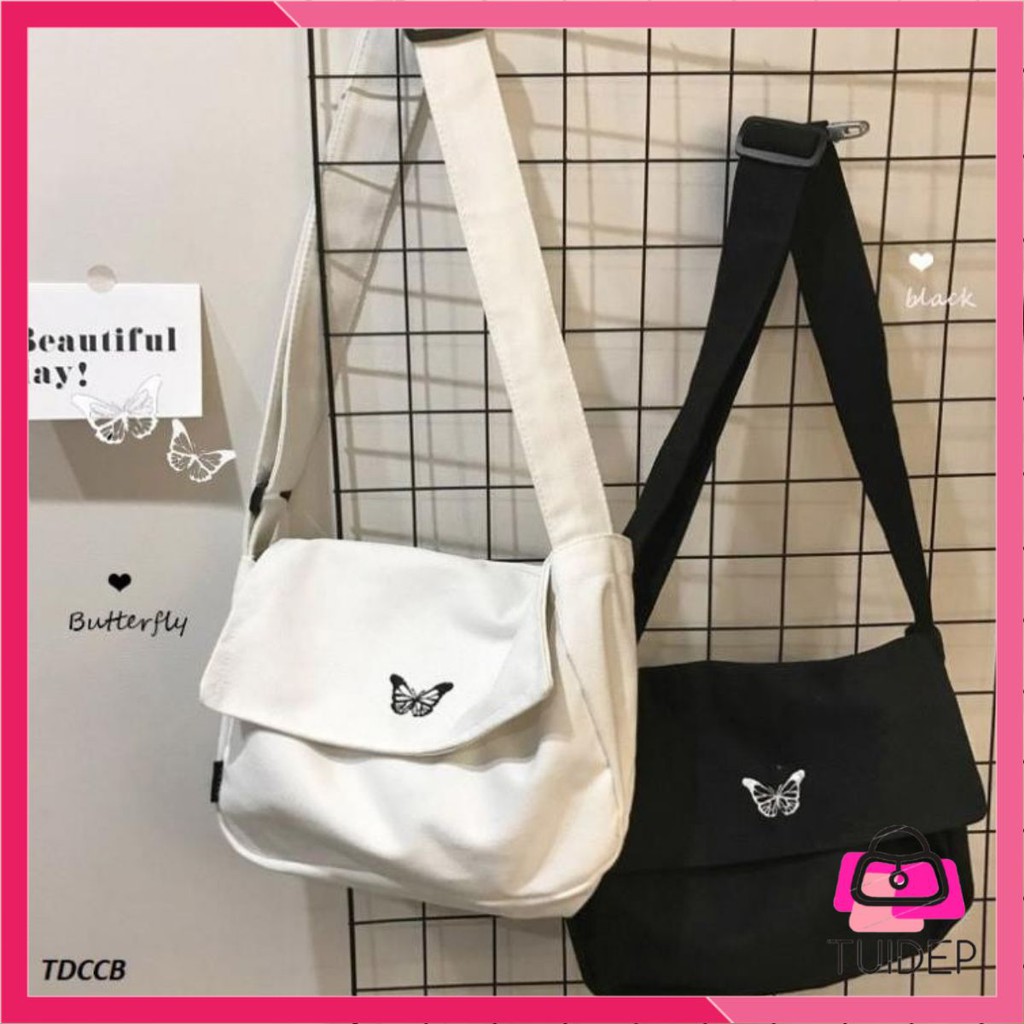 [RẺ VÔ ĐỊCH] Túi tote canvas đeo chéo thêu bướm butterfly unisex nam nữ phong cách Hàn Quốc