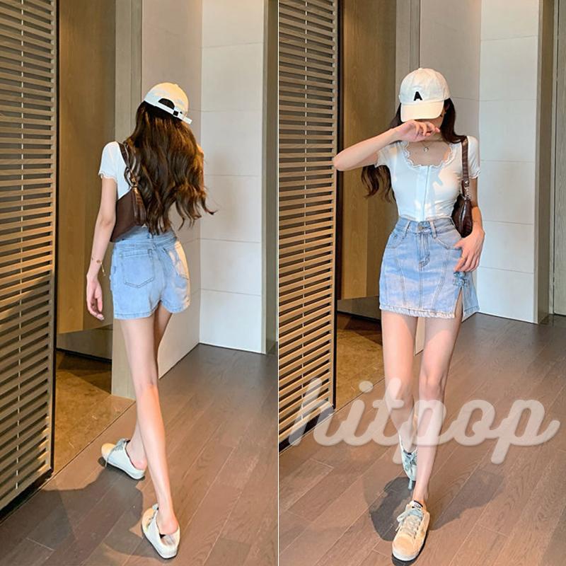 Hitpop-Women´s High Waist Denim Skirt, Zipper Button Closure Solid Color Knotted Buckles Split Hem Invisible Shorts Skirt