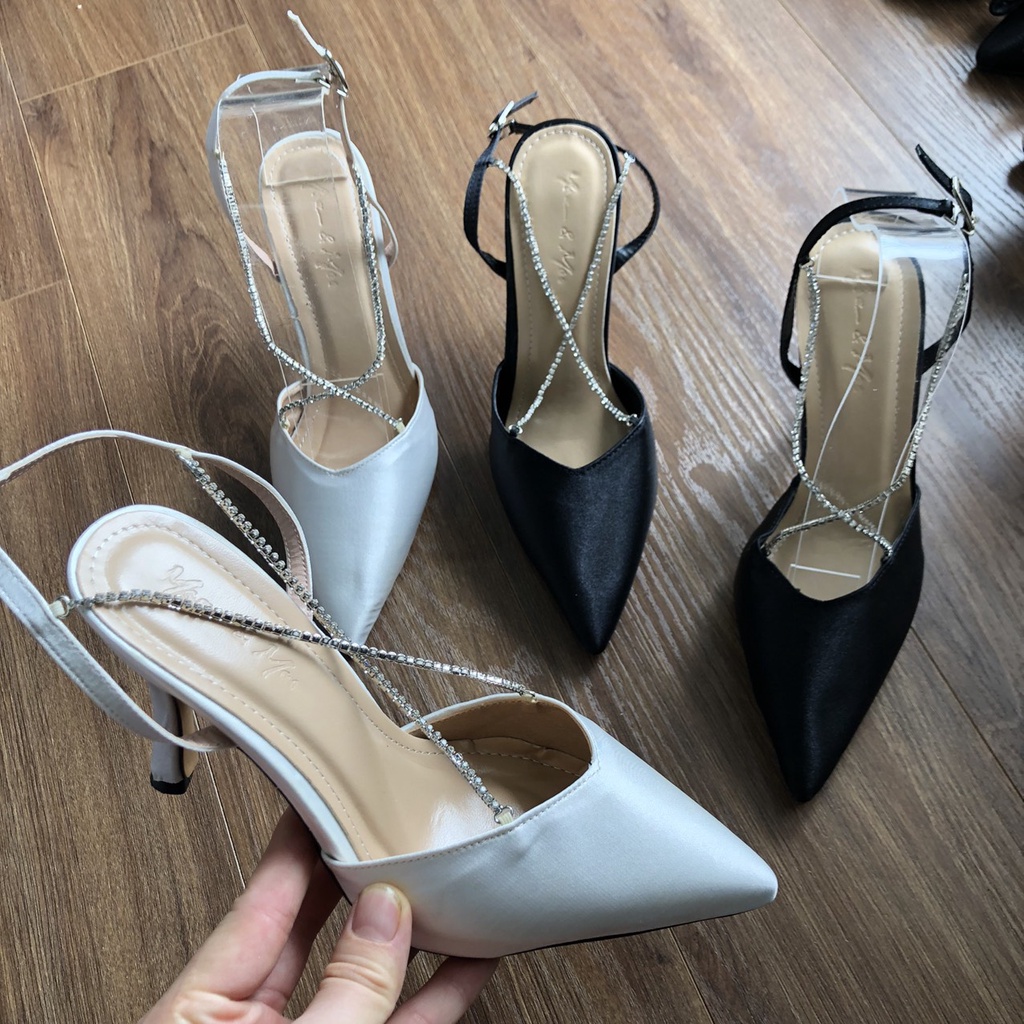Giày cao gót nữ giày búp bê sandal bệt chất lụa satin phối quai đá lấp lánh  Q172_173
