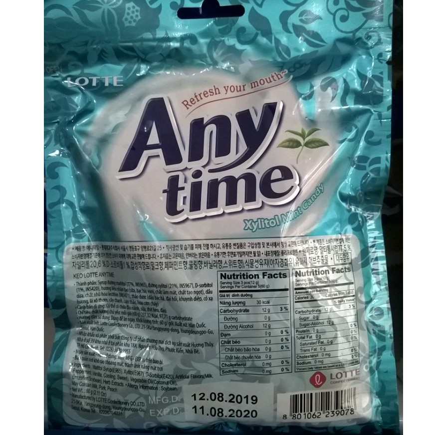 Kẹo Lotte Anytime Bạc Hà Gói 60g/92g