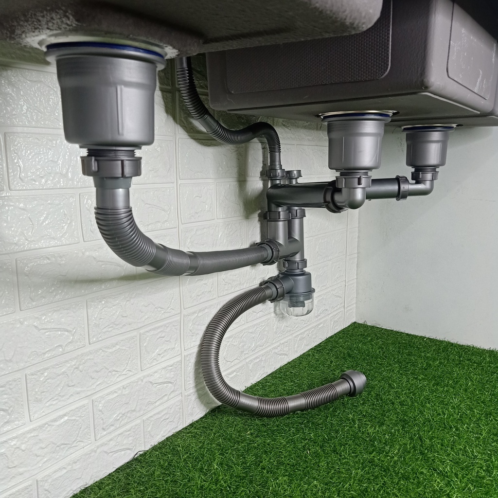 Bộ xả xiphong thoát nước chậu rửa chén 3 Hố cao cấp thoát nước nhanh, ngăn mùi chống côn trùng bò ngược