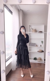 Chân váy ren tầng nơ eo tiểu thư