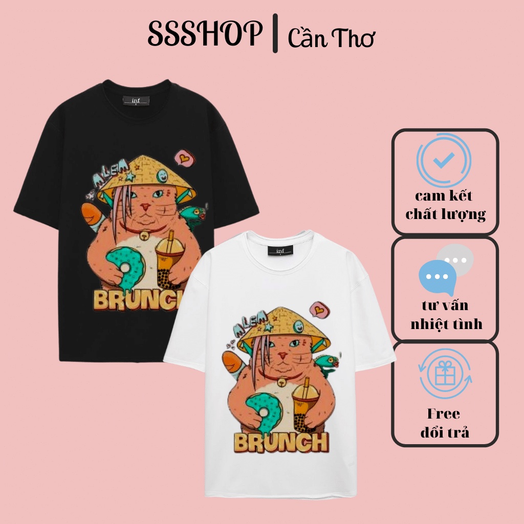 Áo thun nam và nữ, Áo phông unisex in hình Brunch Cat Tee, Áo cotton xịn co giãn 4 chiều cổ tròn cột tay SSShop