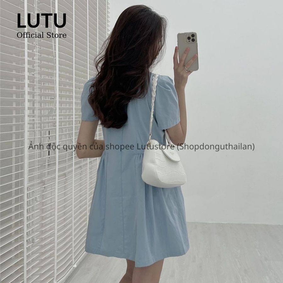 Váy sơ mi tay bồng chiết eo dáng chữ A chất mềm mát phong cách vintage