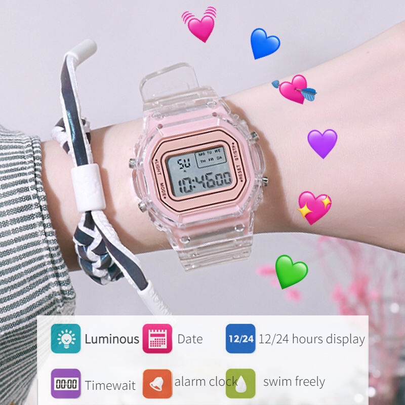 Đồng Hồ Đeo Tay Kỹ Thuật Số Mặt Vuông Trong Suốt Chống Nước Kiểu Hàn Quốc Đơn Giản Cho Học Sinh Trung Học / Trung Học / Học Sinh