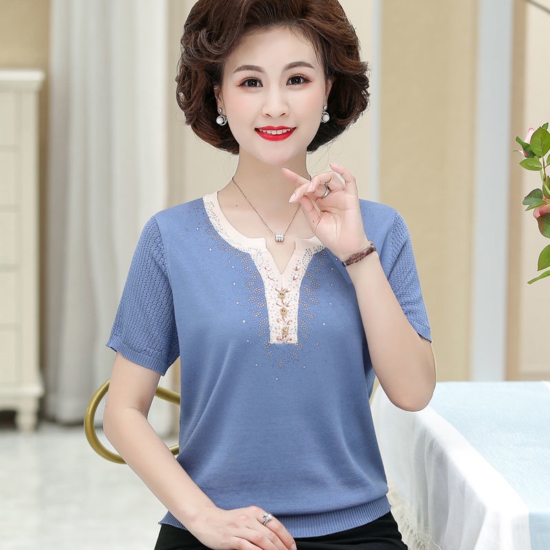 Mẹ trung niên và người lớn tuổi váy mùa hè ngắn tay áo thun dệt kim già kích thước phần trên mỏng