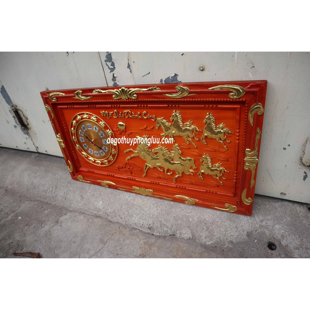 Tranh đồng hồ bát mã,Mã đáo thành công gỗ hương cao cấp cỡ 85x45x5