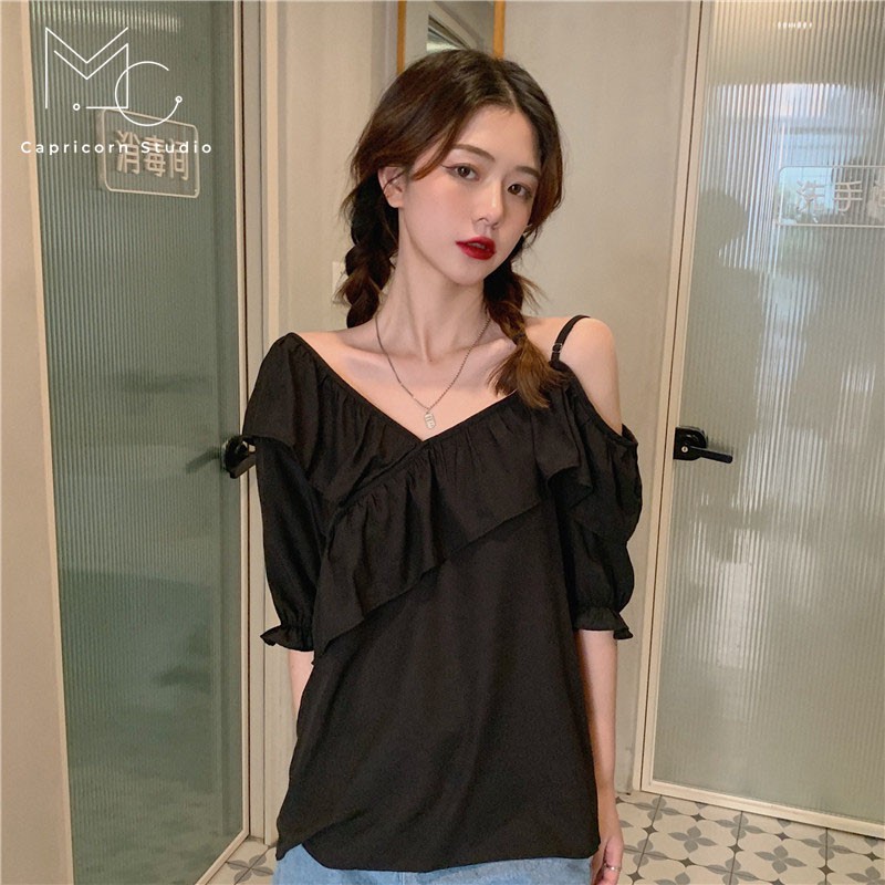 Áo trễ vai kiểu sơ mi ngắn tay thiết kế nhẹ nhàng, thanh lịch cho các nàng mùa hè 2023