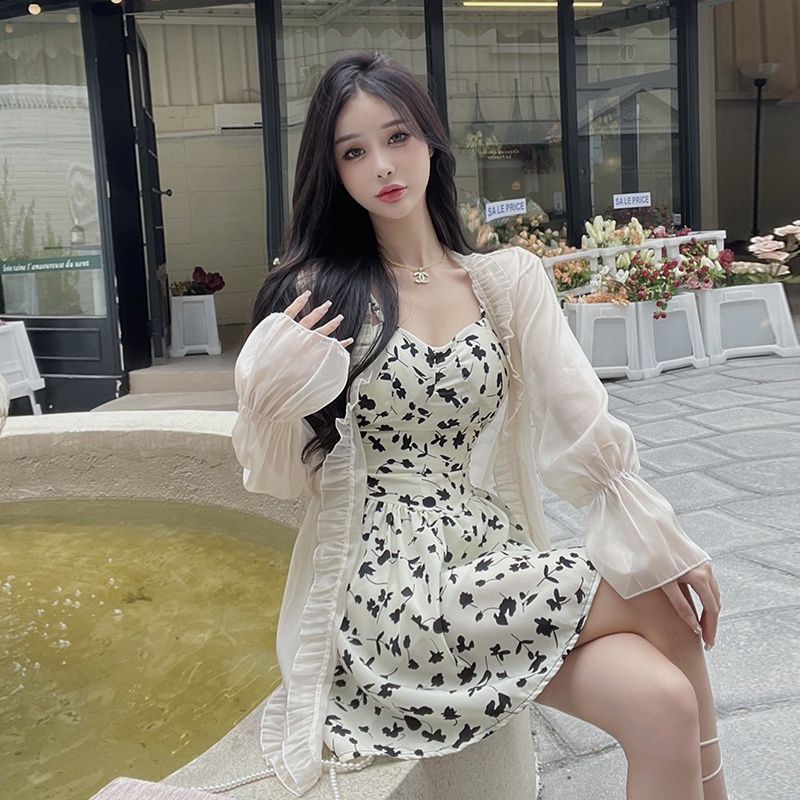 Đầm Perty họa tiết hoa hai dây chống nắng phong cách thời trang Hàn Quốc cho nữ