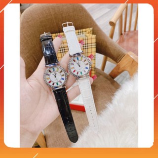 Đồng hồ nữ ROYAL CROW dây da mặt đính 7 màu thời thượng sang chảnh, chống nước, bảo hành 1 năm