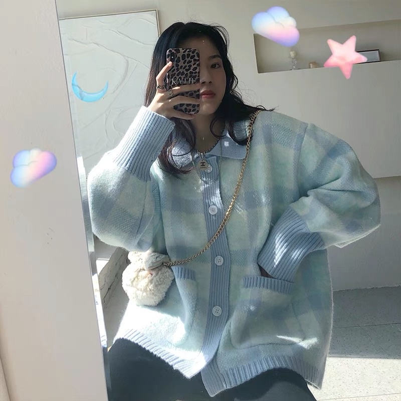 Freeship Áo Cadigan Len Cài Cúc Xanh pastel Kẻ Hàng Cao Cấp