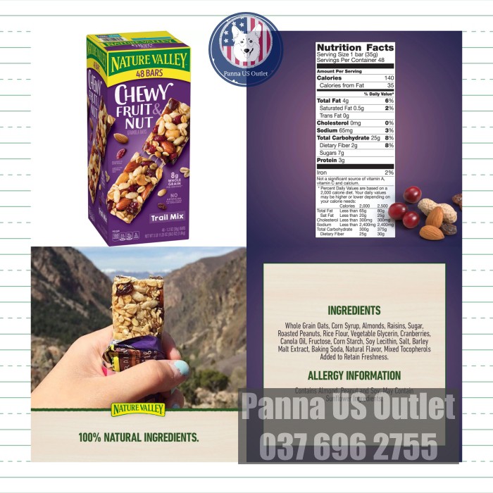 Bánh yến mạch mix trái cây & đậu phộng sấy khô NATURE VALLEY FRUIT & NUT CHEWY GRANOLA BAR, TRAIL MIX 1,6kg