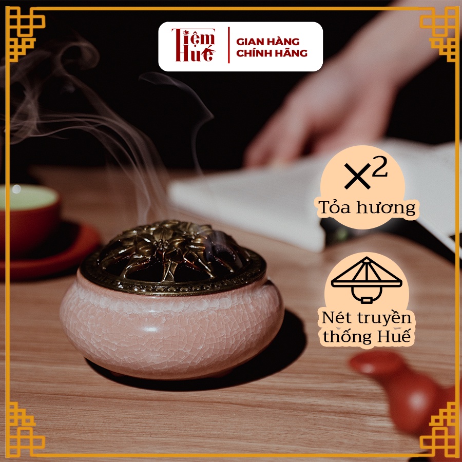 Lư xông trầm Tiệm Huế lư hương đốt trầm loại 1, lư đốt trầm bằng gốm sứ, có miếng lót chống cháy đáy.