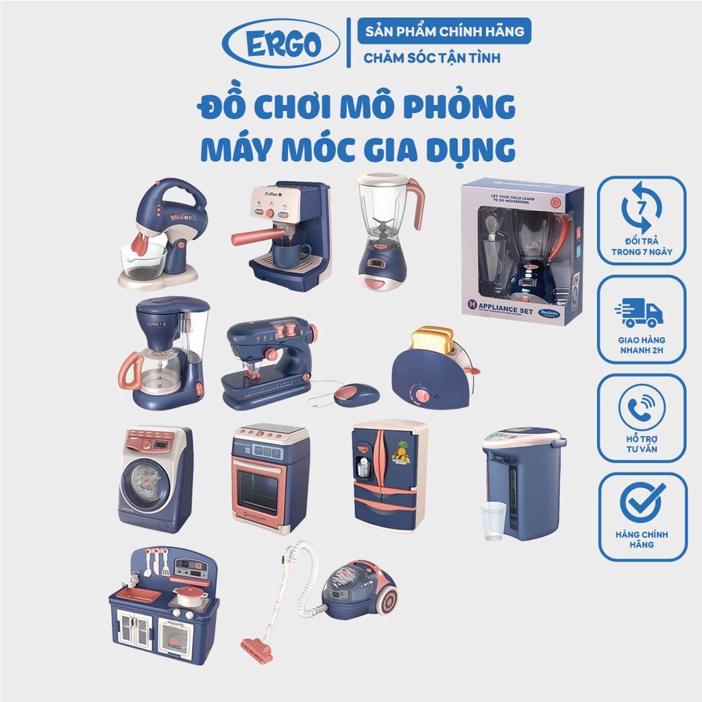 Đồ chơi gia dụng cho bé như máy giặt, máy hút bụi, máy xay sinh tố có mô phỏng âm thanh sống động