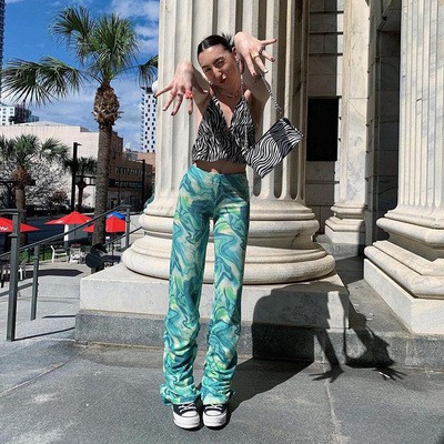 European and American style 2021 summer new women's fashion printing high-waist trousers hip trend straight casual pant