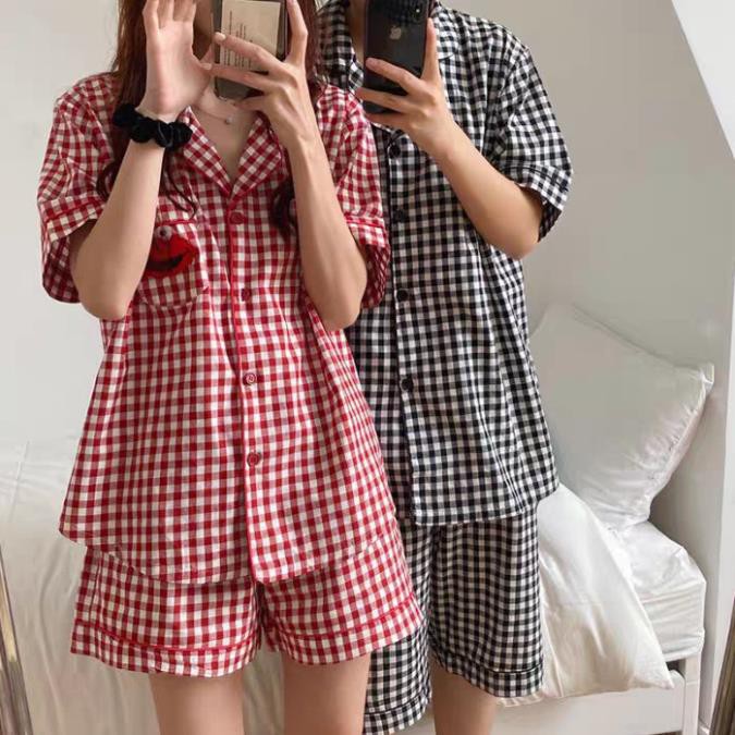 SET BỘ PIJAMA SEASAME CARO HOT HIT - BỘ NGỦ ĐÔI MẶC NHÀ KẺ CARO ĐEN ĐỎ ULZZANG